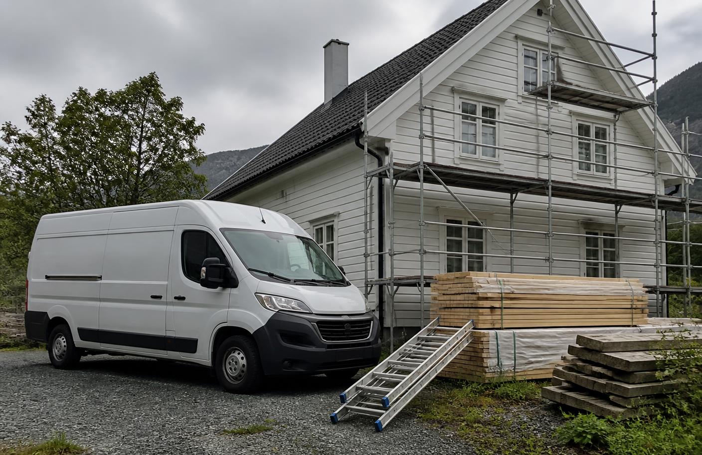 Ryddig byggeplass ved en norsk bolig med stillas, materialer og arbeidsbil